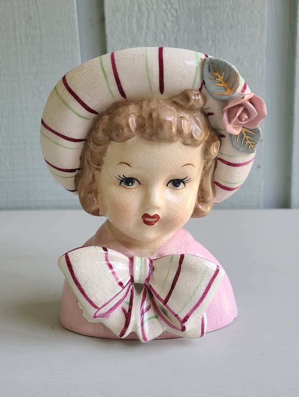 Vintage Napco 1956 Lady Head Vase Striped Hat With Rose